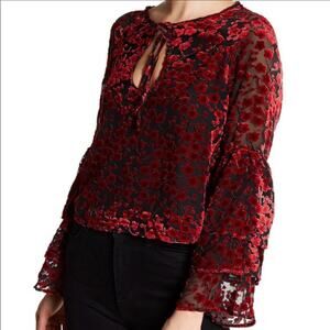 Lucca Piper Flocked Velvet Floral Keyhole Top - Red / Black - S